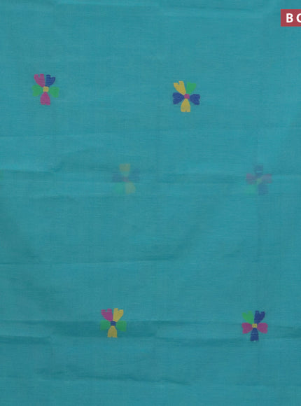 Jamdhani silk cotton saree teal blue and pink with thread woven floral buttas and piping border