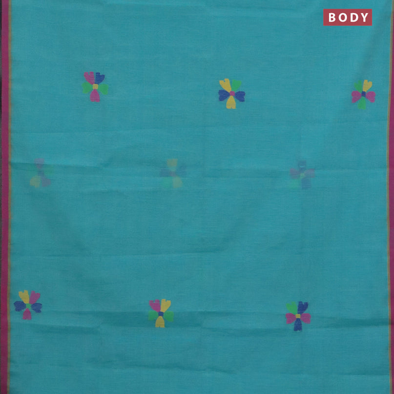 Jamdhani silk cotton saree teal blue and pink with thread woven floral buttas and piping border