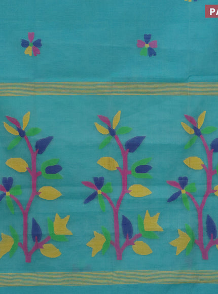 Jamdhani silk cotton saree teal blue and pink with thread woven floral buttas and piping border