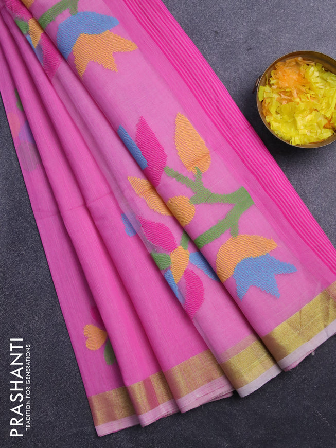 Jamdhani silk cotton saree light pink with thread woven floral buttas and zari woven border