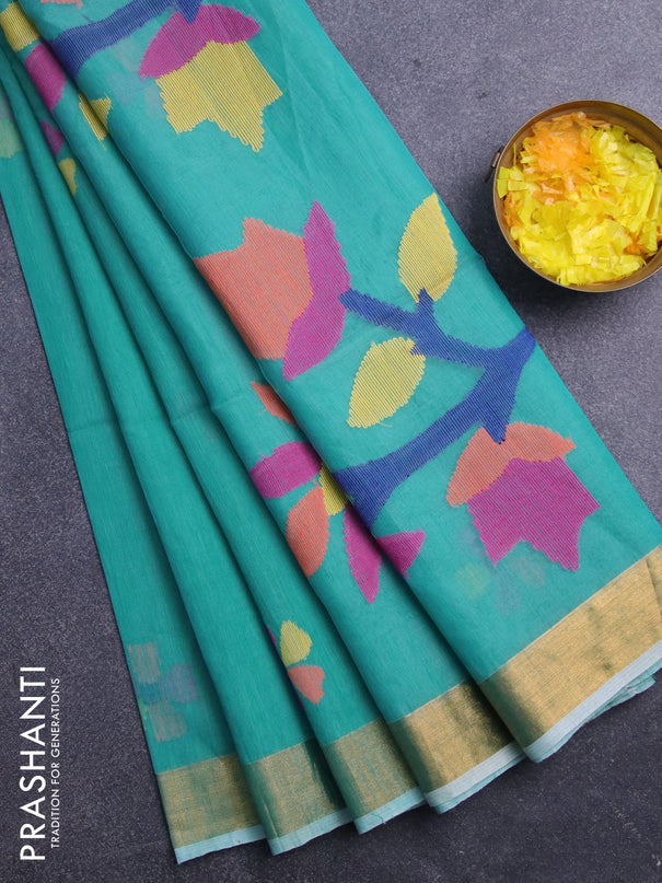 Jamdhani silk cotton saree teal blue with thread woven floral buttas and zari woven border