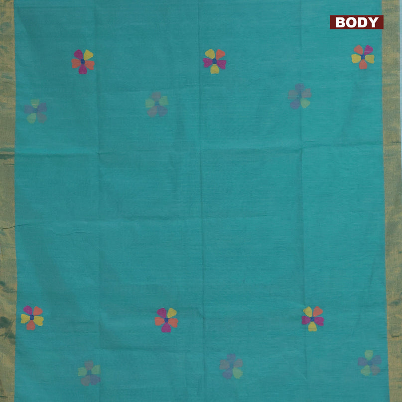 Jamdhani silk cotton saree teal blue with thread woven floral buttas and zari woven border