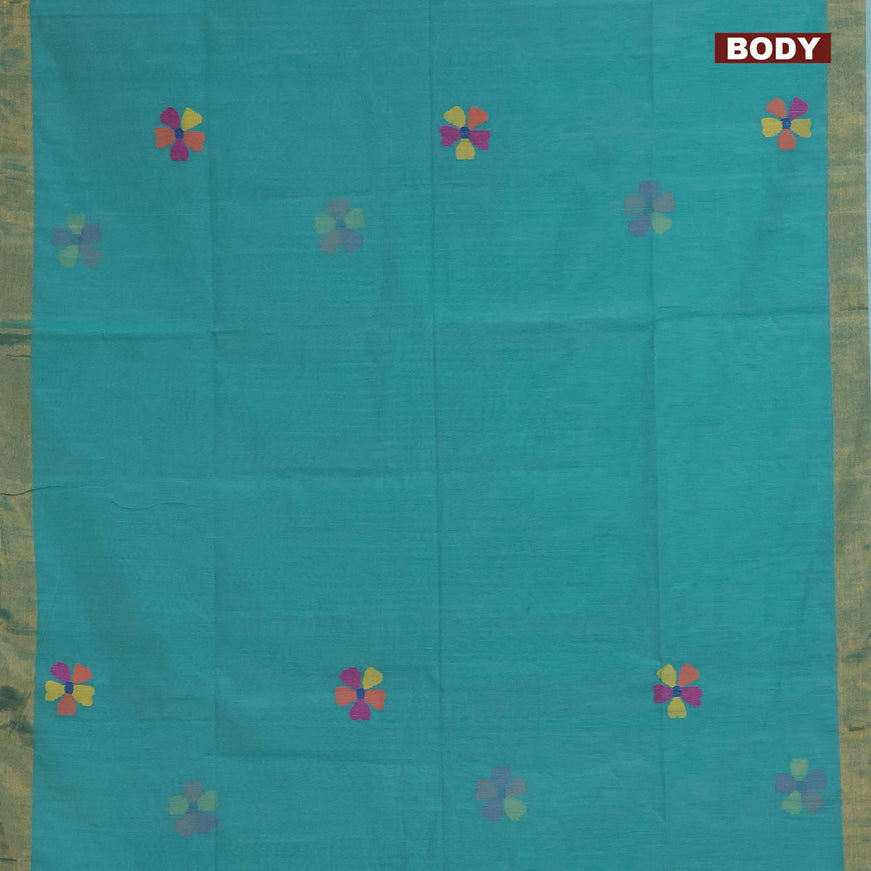 Jamdhani silk cotton saree teal blue with thread woven floral buttas and zari woven border