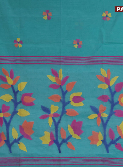 Jamdhani silk cotton saree teal blue with thread woven floral buttas and zari woven border