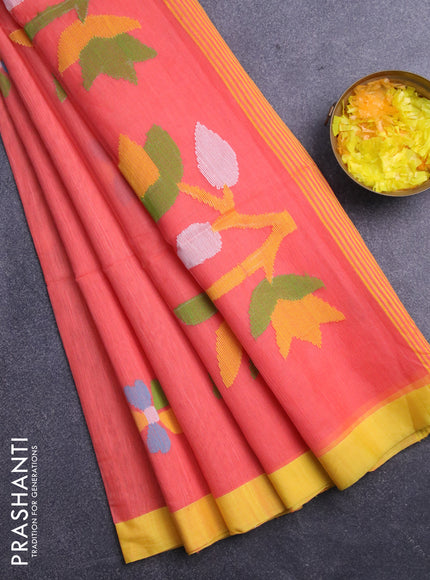 Jamdhani silk cotton saree peach orange with thread woven floral buttas and simple border