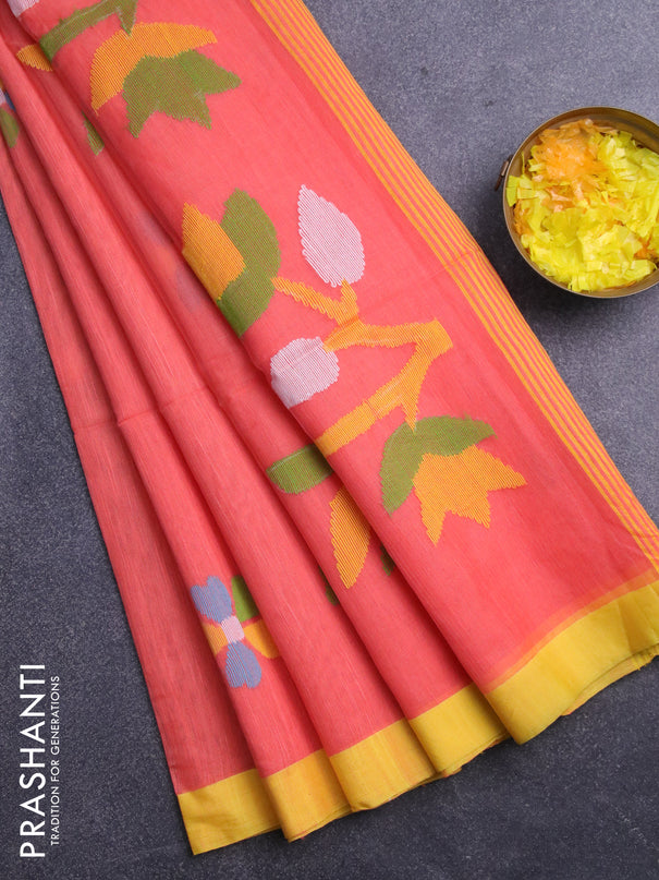 Jamdhani silk cotton saree peach orange with thread woven floral buttas and simple border