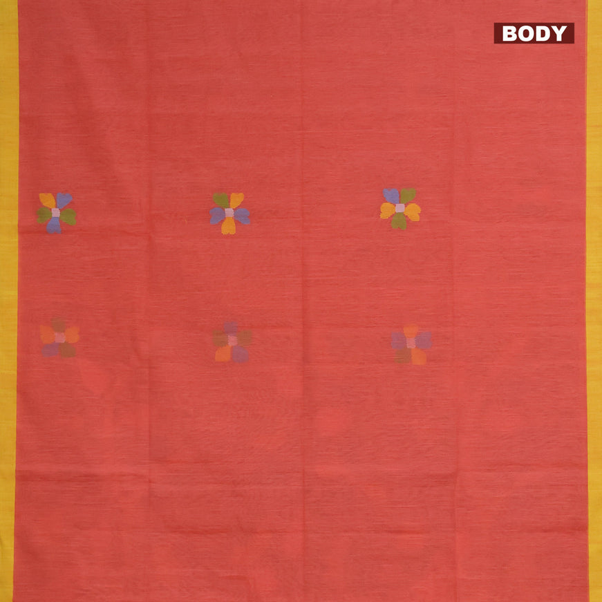 Jamdhani silk cotton saree peach orange with thread woven floral buttas and simple border