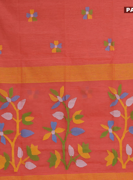 Jamdhani silk cotton saree peach orange with thread woven floral buttas and simple border