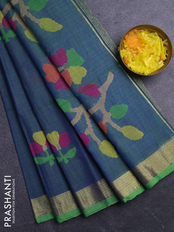 Jamdhani silk cotton saree dual shade of bluish green with thread woven floral buttas and zari woven border