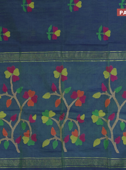 Jamdhani silk cotton saree dual shade of bluish green with thread woven floral buttas and zari woven border