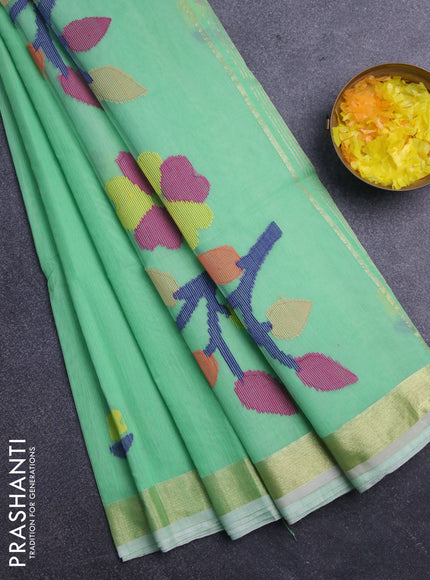 Jamdhani silk cotton saree teal green with thread woven floral buttas and zari woven border