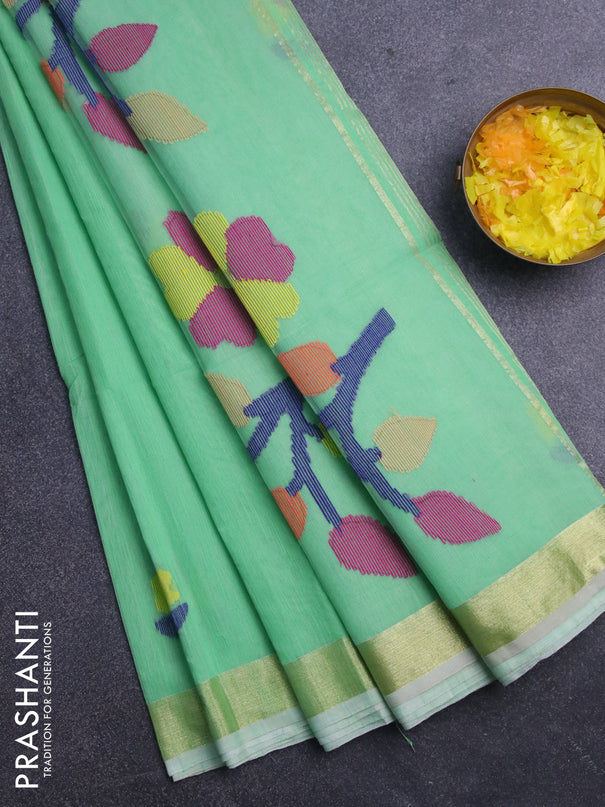 Jamdhani silk cotton saree teal green with thread woven floral buttas and zari woven border