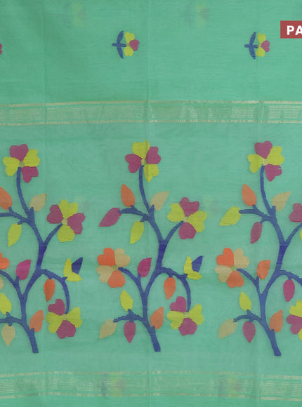 Jamdhani silk cotton saree teal green with thread woven floral buttas and zari woven border