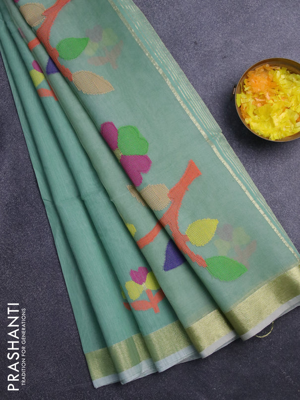 Jamdhani silk cotton saree pastel green with thread woven floral buttas and zari woven border