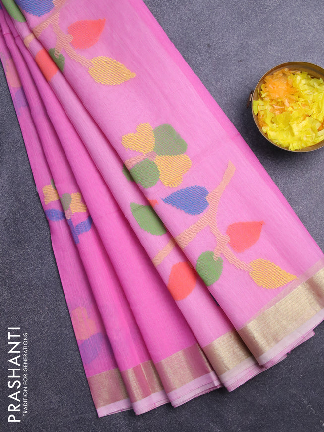 Jamdhani silk cotton saree light pink with thread woven floral buttas and zari woven border