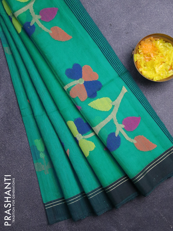 Jamdhani silk cotton saree teal green with thread woven floral buttas and simple border