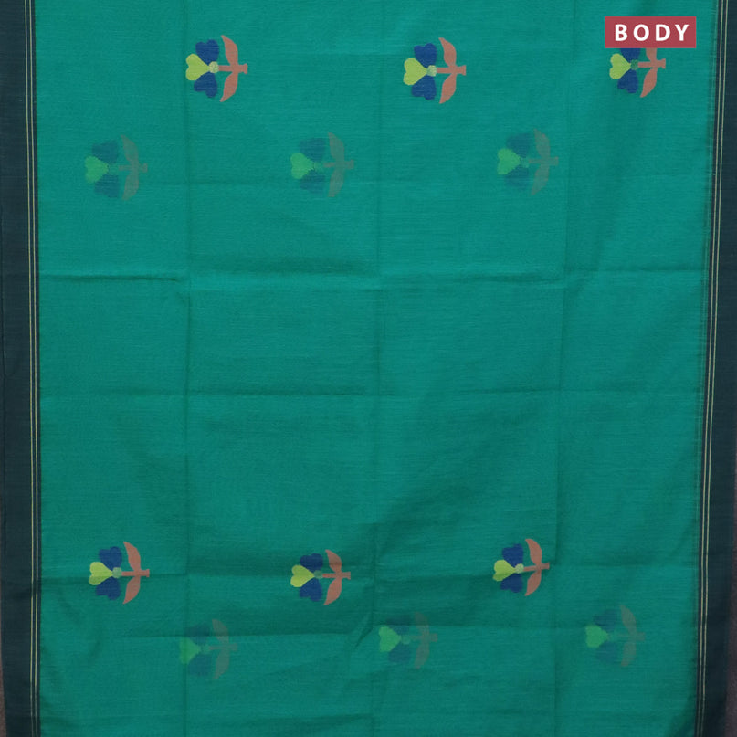 Jamdhani silk cotton saree teal green with thread woven floral buttas and simple border