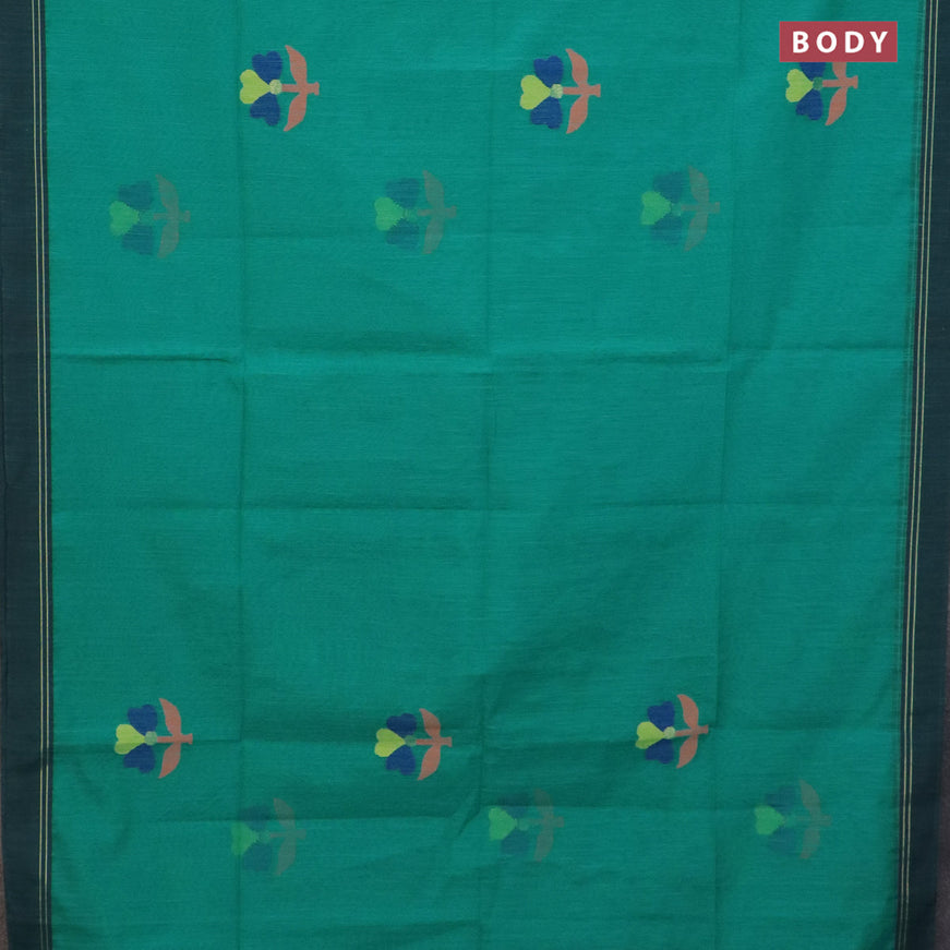 Jamdhani silk cotton saree teal green with thread woven floral buttas and simple border