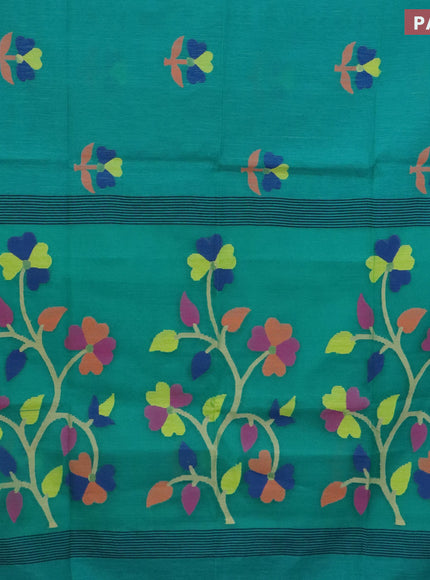 Jamdhani silk cotton saree teal green with thread woven floral buttas and simple border