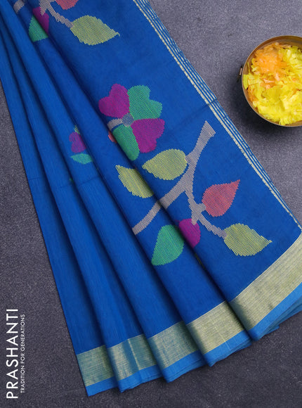 Jamdhani silk cotton saree cs blue with thread woven floral buttas and zari woven border