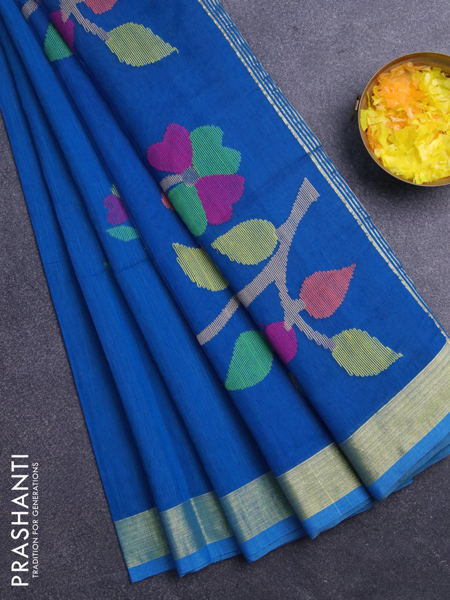 Jamdhani silk cotton saree cs blue with thread woven floral buttas and zari woven border