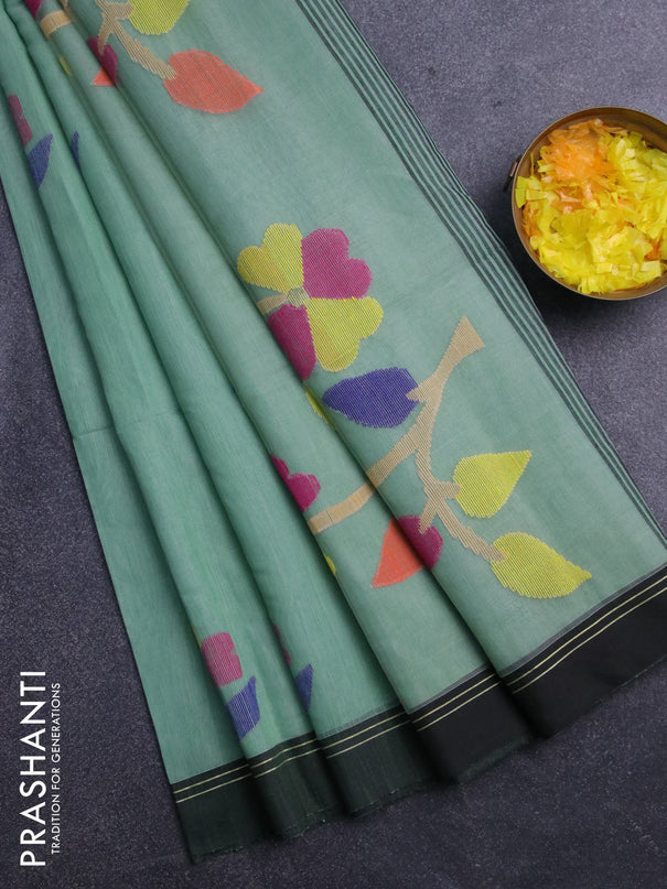 Jamdhani silk cotton saree pastel green with thread woven floral buttas and simple border