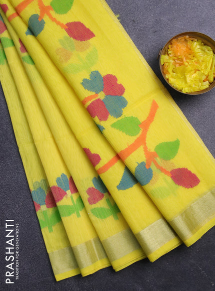 Jamdhani silk cotton saree yellow with thread woven floral buttas and zari woven border