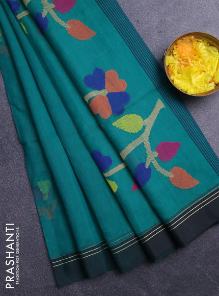 Jamdhani silk cotton saree green with thread woven floral buttas and simple border