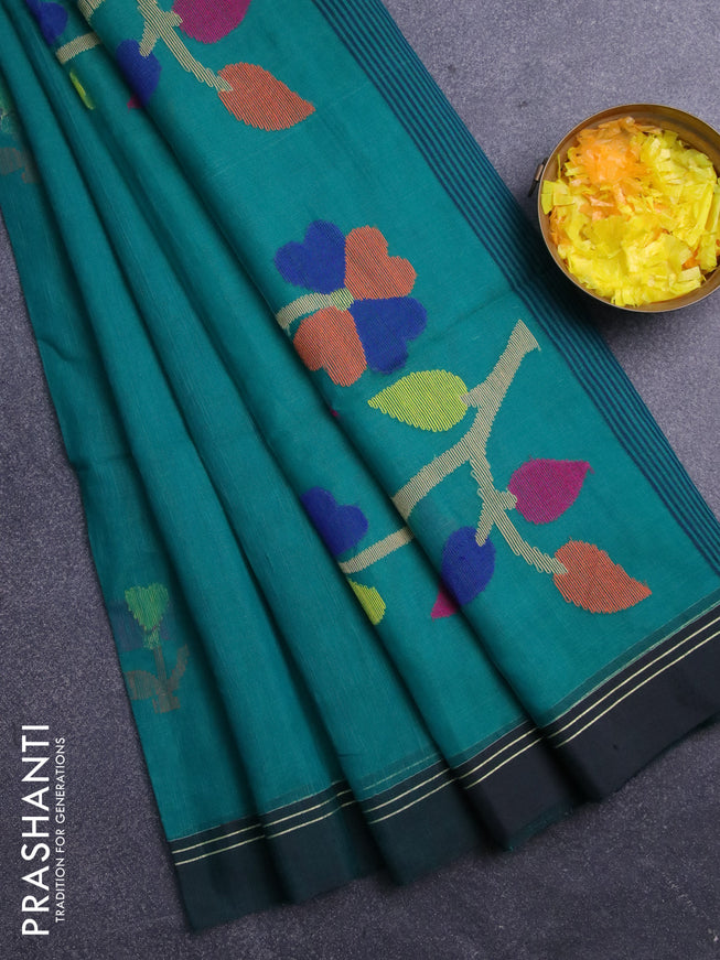 Jamdhani silk cotton saree green with thread woven floral buttas and simple border