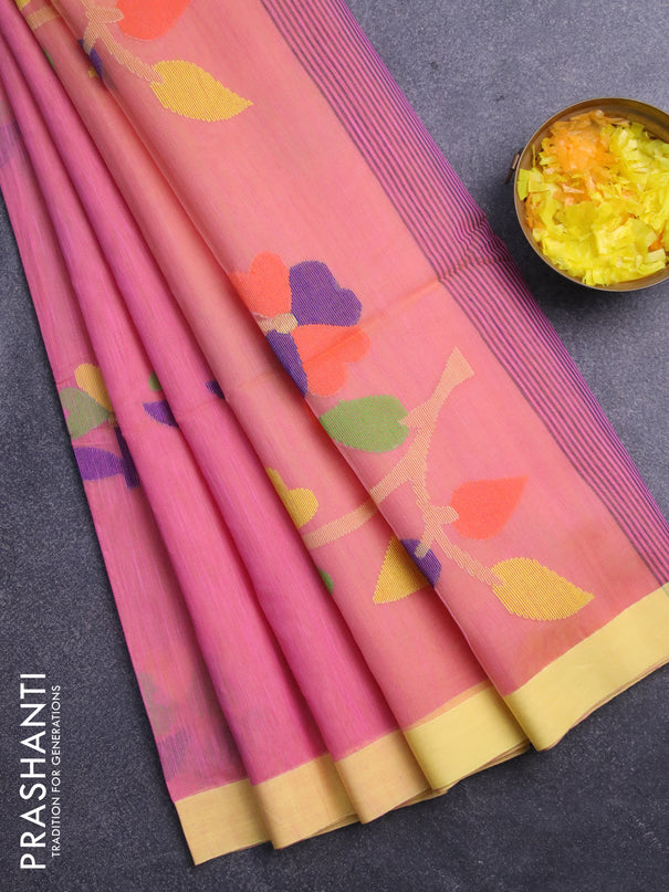 Jamdhani silk cotton saree dual shade of peach pink with thread woven floral buttas and simple border