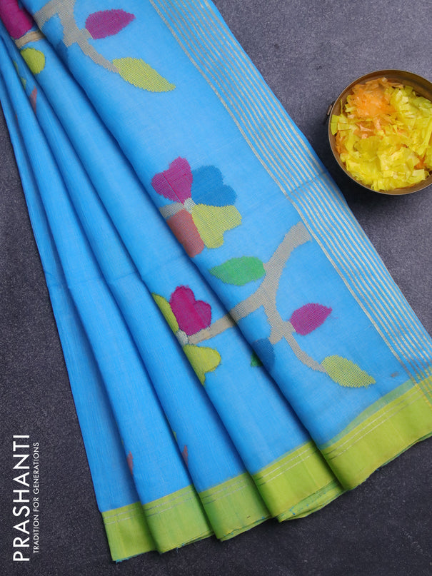 Jamdhani silk cotton saree light blue with thread woven floral buttas and simple border