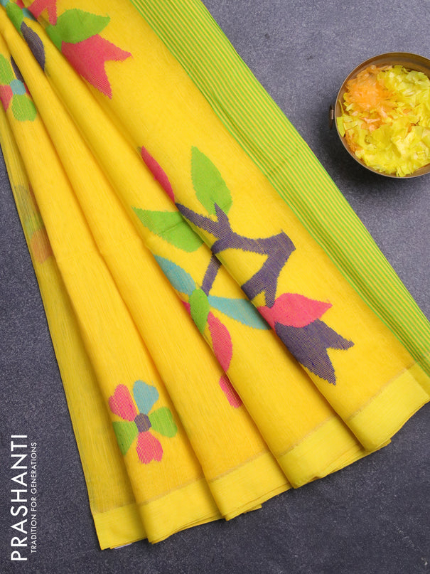 Jamdhani silk cotton saree yellow with thread woven floral buttas and simple border