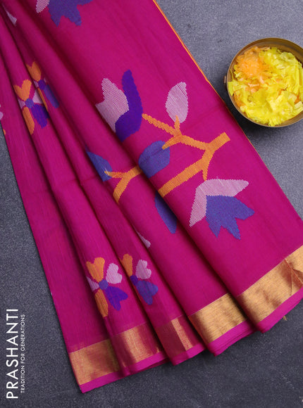 Jamdhani silk cotton saree pink with thread woven floral buttas and zari woven border