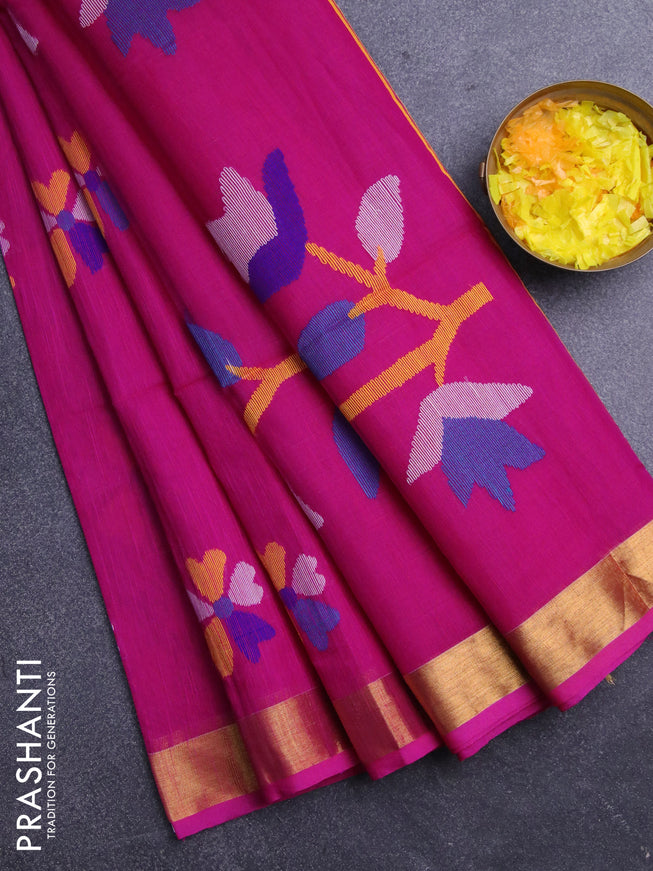 Jamdhani silk cotton saree pink with thread woven floral buttas and zari woven border