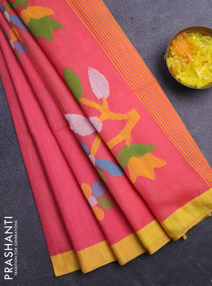 Jamdhani silk cotton saree peach pink and yellow with thread woven floral buttas and simple border