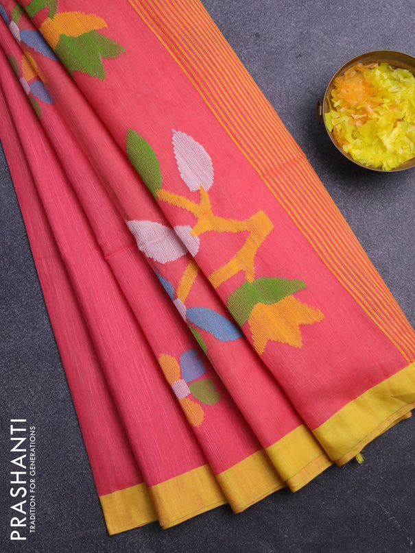 Jamdhani silk cotton saree peach pink and yellow with thread woven floral buttas and simple border