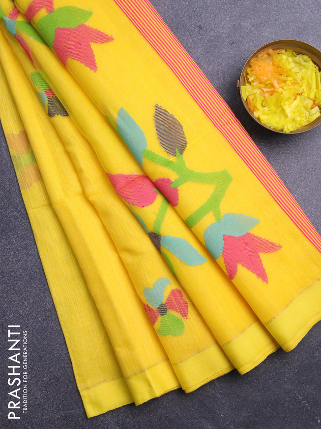 Jamdhani silk cotton saree yellow with thread woven floral buttas and simple border