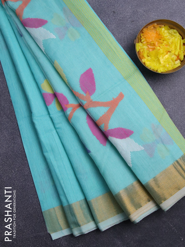 Jamdhani silk cotton saree teal blue with thread woven floral buttas and zari woven border