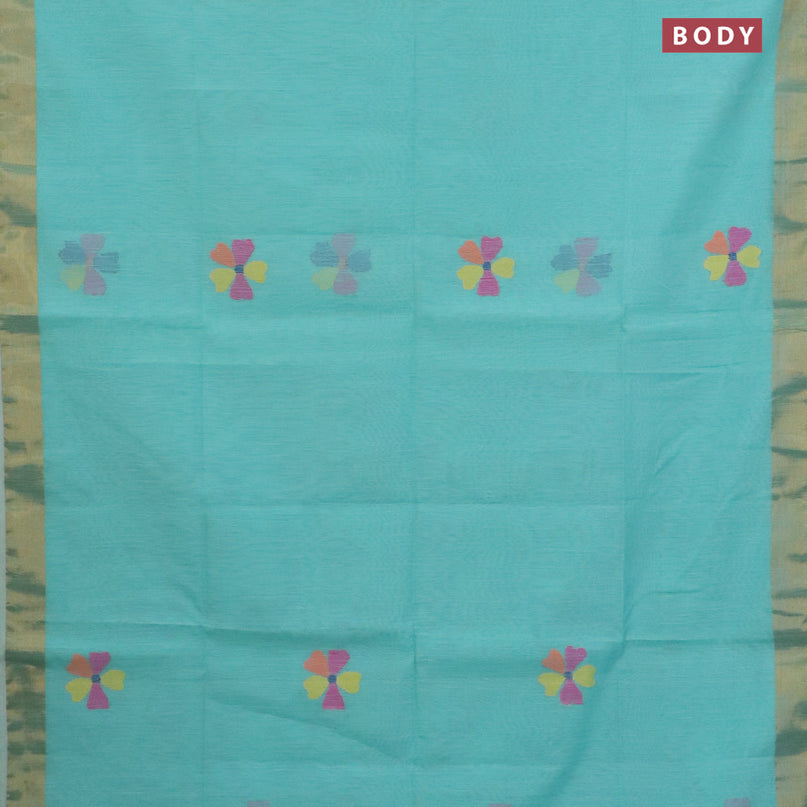 Jamdhani silk cotton saree teal blue with thread woven floral buttas and zari woven border