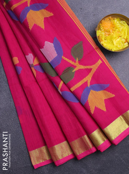 Jamdhani silk cotton saree pink with thread woven floral buttas and zari woven border