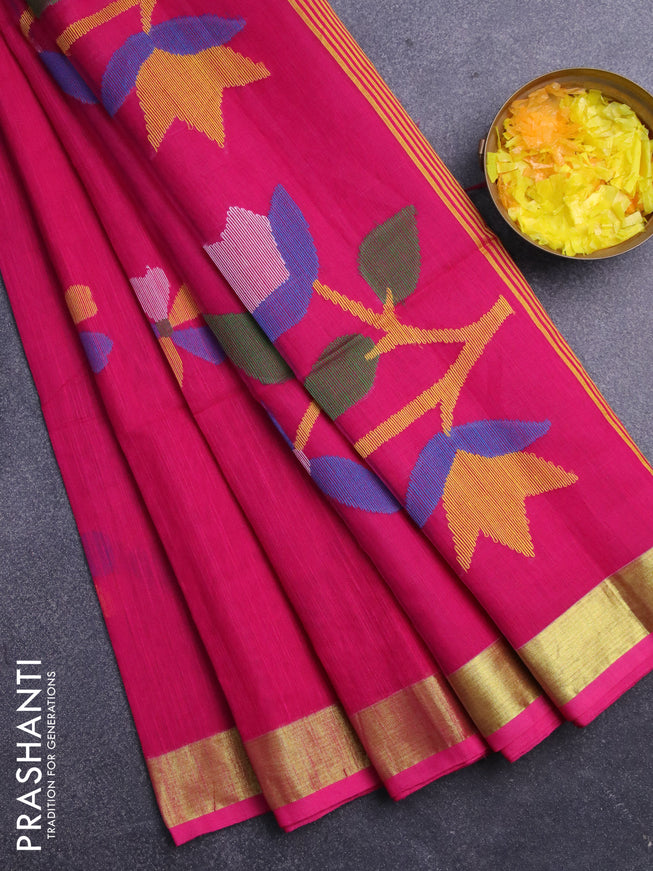 Jamdhani silk cotton saree pink with thread woven floral buttas and zari woven border