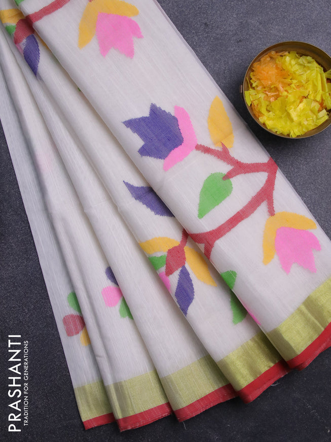 Jamdhani silk cotton saree off white with thread woven floral buttas and zari woven border