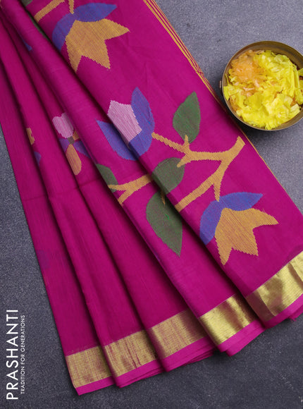 Jamdhani silk cotton saree dark pink with thread woven floral buttas and zari woven border