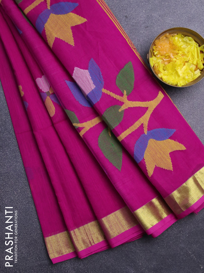 Jamdhani silk cotton saree dark pink with thread woven floral buttas and zari woven border