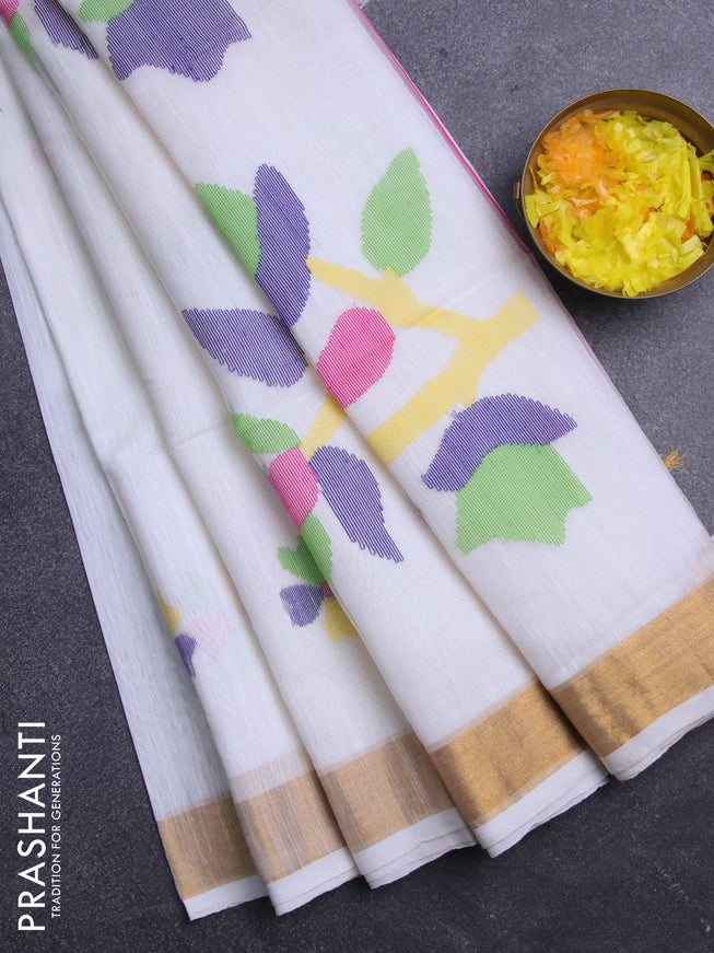 Jamdhani silk cotton saree off white with thread woven floral buttas and zari woven border