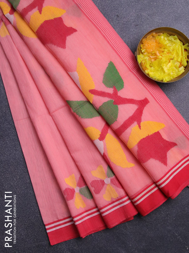 Jamdhani silk cotton saree peach orange with thread woven floral buttas and zari woven border