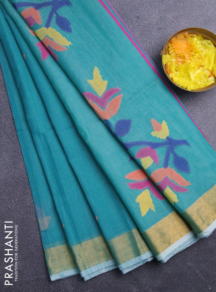 Jamdhani silk cotton saree teal blue with thread woven floral buttas and zari woven border