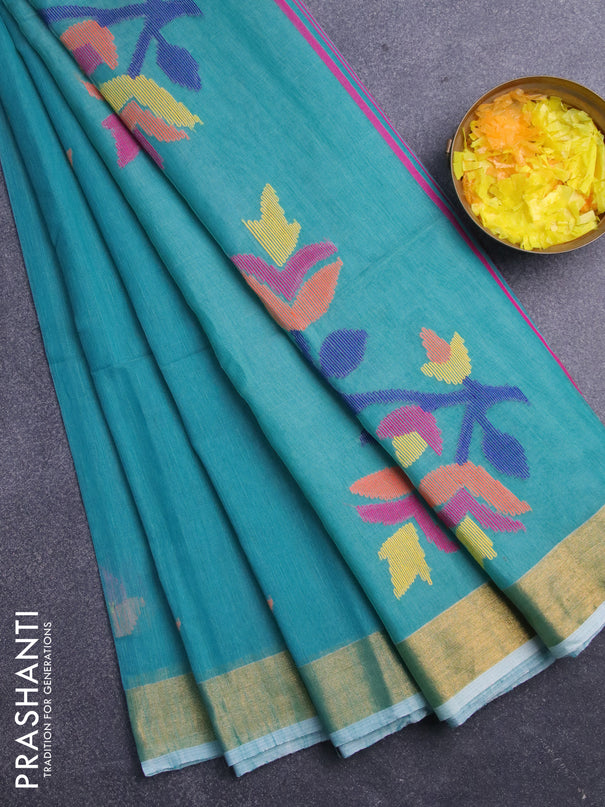 Jamdhani silk cotton saree teal blue with thread woven floral buttas and zari woven border