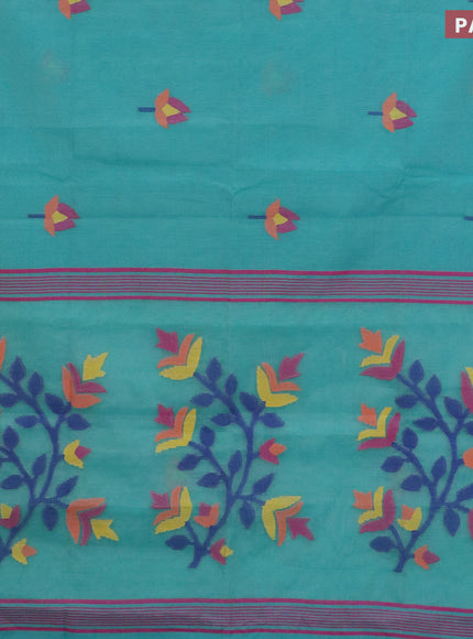 Jamdhani silk cotton saree teal blue with thread woven floral buttas and zari woven border