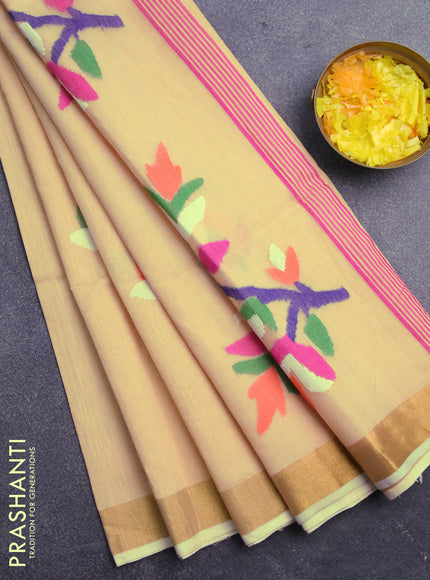 Jamdhani silk cotton saree sandal with thread woven floral buttas and zari woven border